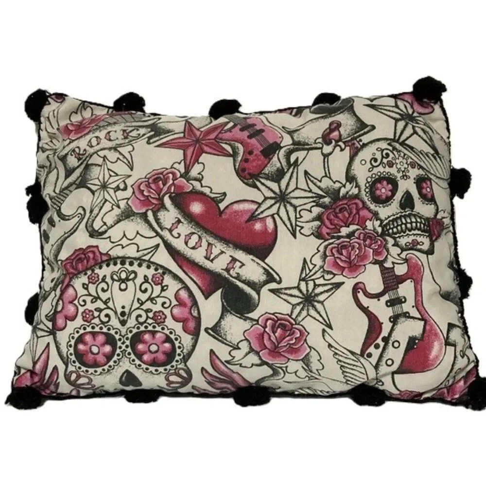 DAY of THE DEAD Rock Guitar Pink Roses Accent Throw Pillow 12 x 8 in Set of 2